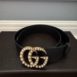Gucci Black Belt with Gold GG Pearl Buckle